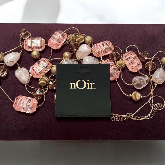 Noir Elegant Pink and Gold Beaded Double Stranded Long Necklace - Picture 2 of 4